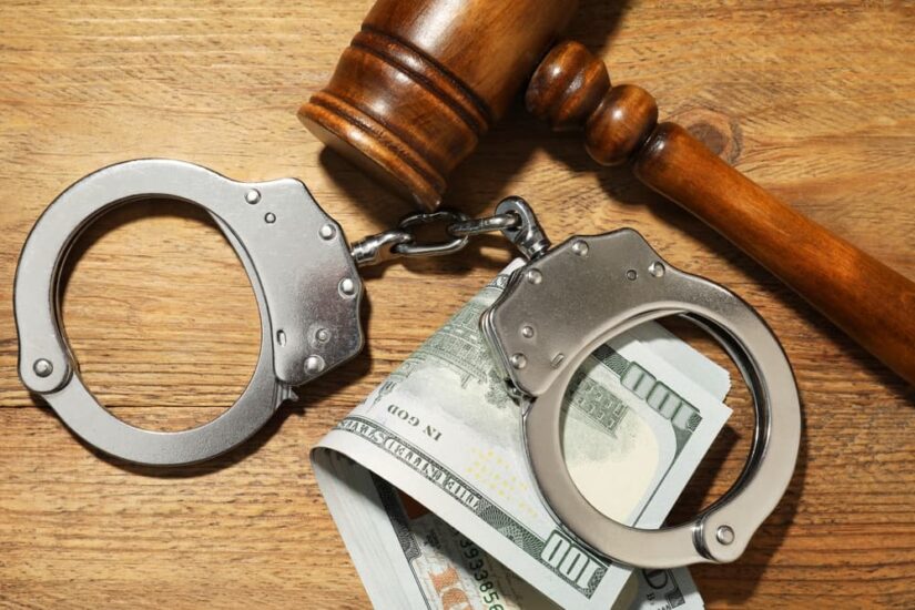 Handcuffs with dollar banknotes and gavel on wooden table