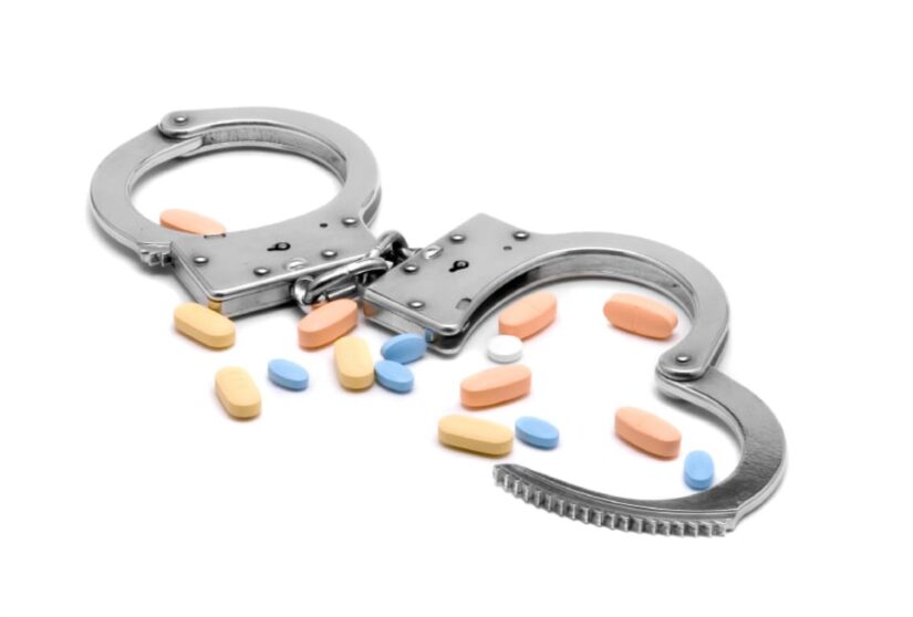 Handcuffs And A Variety Of Different Colored Pills