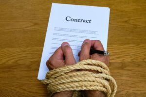 Image of a contract with tied hands holding a pen, symbolizing restricted freedom while signing an unfair contract. The bound hands represent limitations imposed on the employee. Lorem Ipsum text is shown as a placeholder.