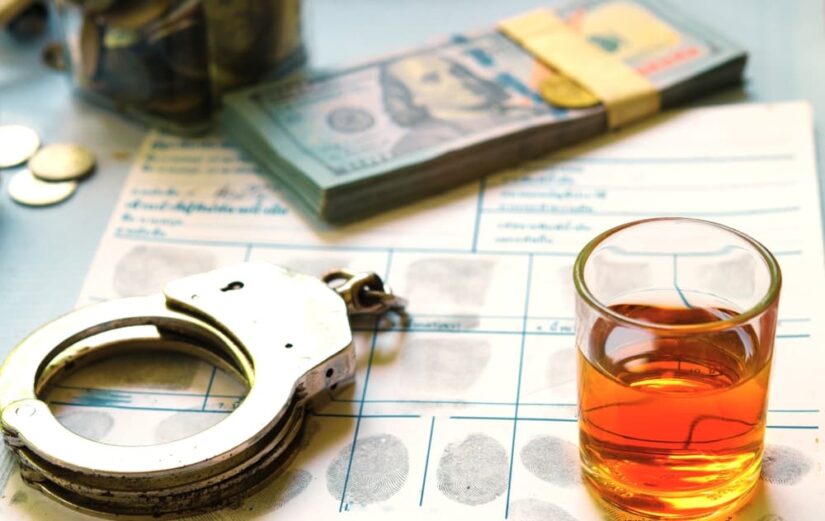 A glass of wine with handcuffs and money lying on finger prints paper